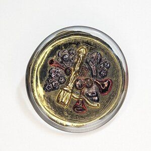 Vintage Painted Pressed Glass Brooch Wax Seal Design Gold Tone Metal Back Unique